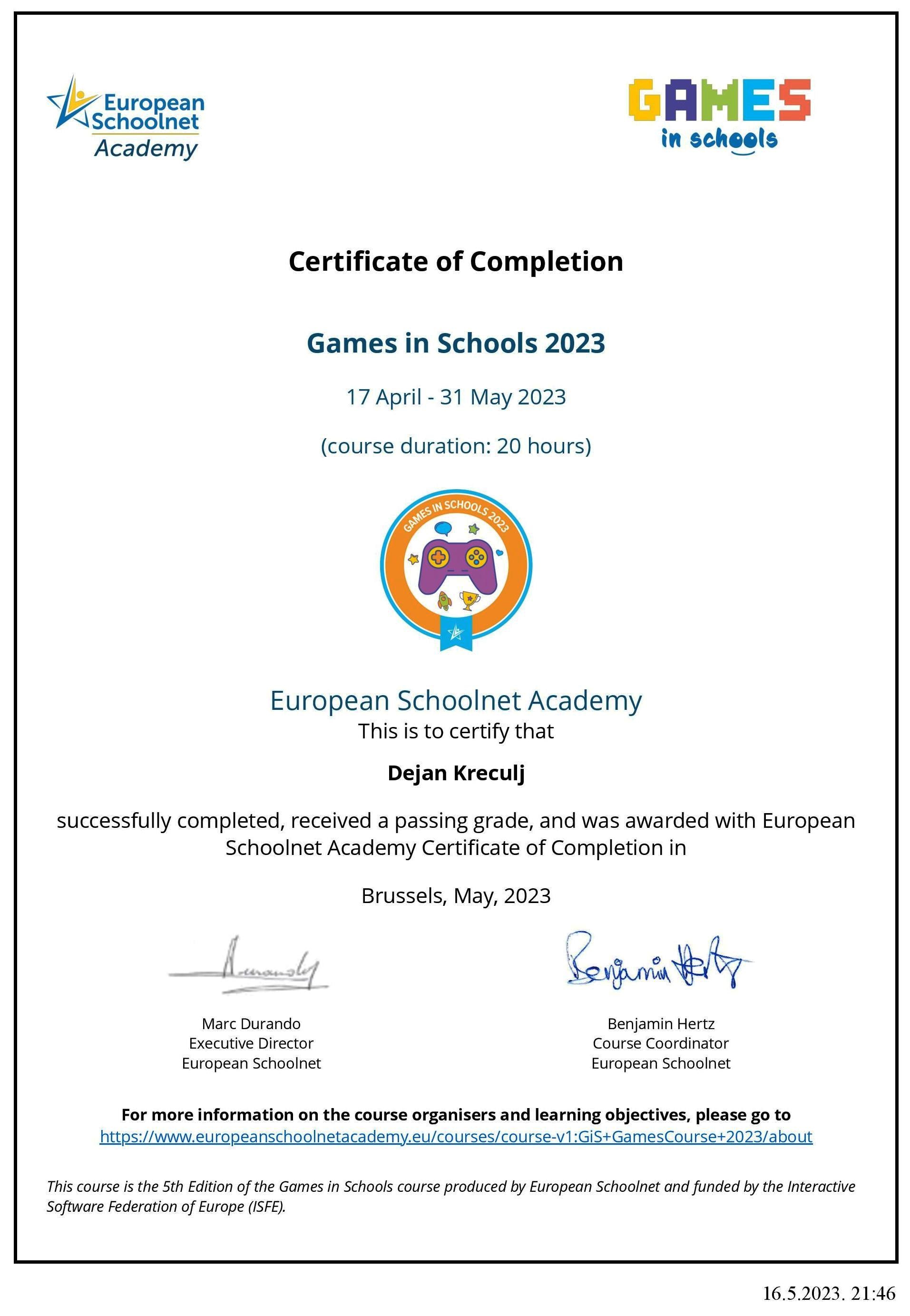 EUN GamesCourse Certificate European Schoolnet Academy page 001